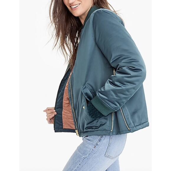 NWOT J.Crew‎ Green Bomber Jacket with Side Zips Quilted Lining, Size Small - Picture 11 of 16